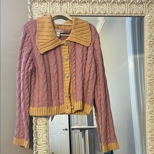 Elegant Cable Knit Cardigan with Gold Trim